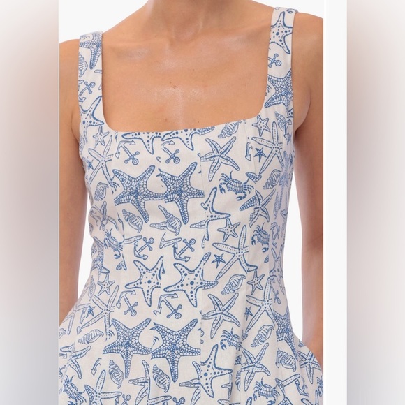 Avec Les Filles Blue White Print Fit & Flare Dress Square Neck Size 14 NWT - Picture 4 of 9
